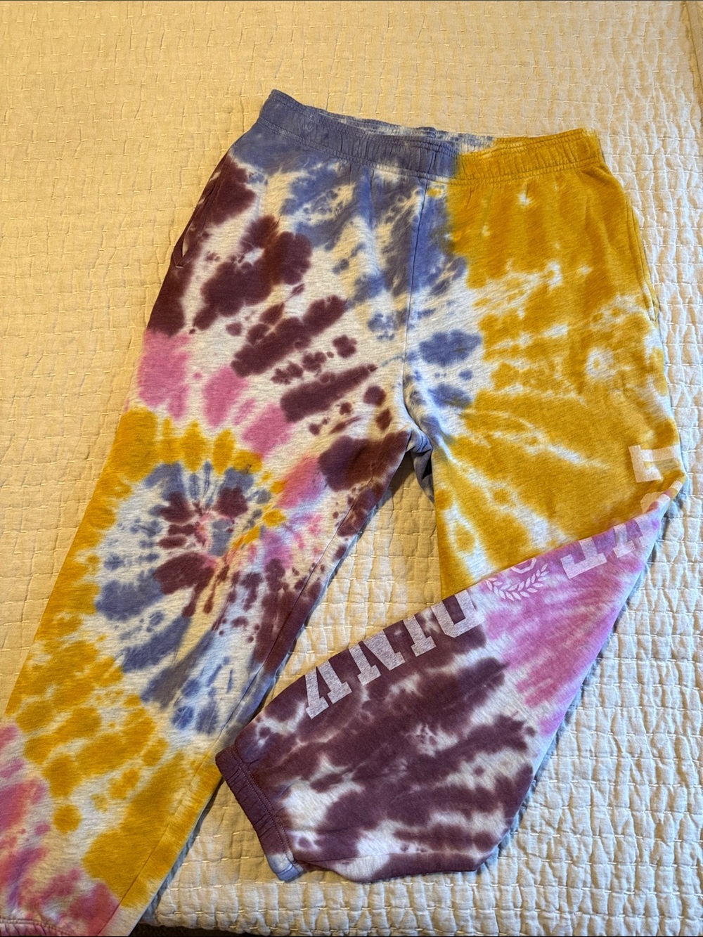 PINK Victoria's Secret Tie-Dye campus pants in Pink,Yellow,Blue, Purple tie dye.